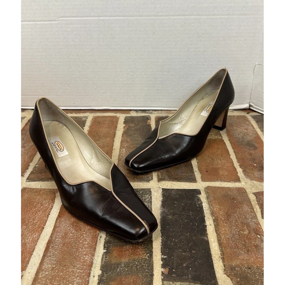 Talbots Classic Black Leather Pumps Tan Trim  Square Toe Italian Women's 10.5